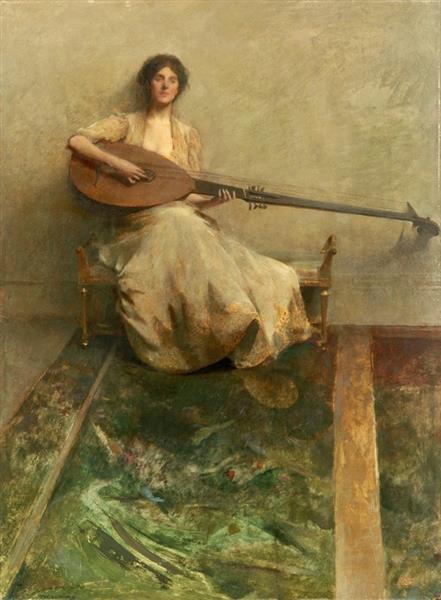 Girl with Lute by Thomas Dewing Tonalism Art dated 1905