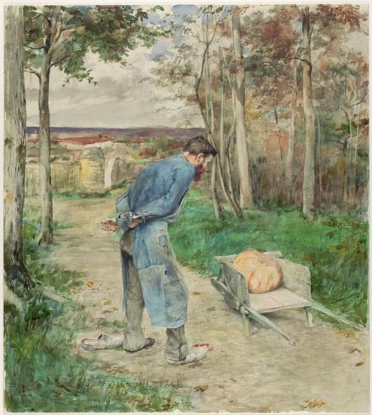 Illustration of La Fontaine&#39;s Fable of &quot;the Acorn and the Pumpkin&quot; by Jules Bastien-Lepage Naturalism Art dated 1881