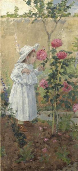 Girl among the roses by Niccolo Cannicci Realism Art dated 1891