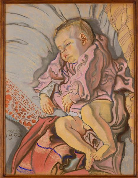 Sleeping child on a pillow by Stanisław Wyspiański Art Nouveau (Modern) Art dated 1902