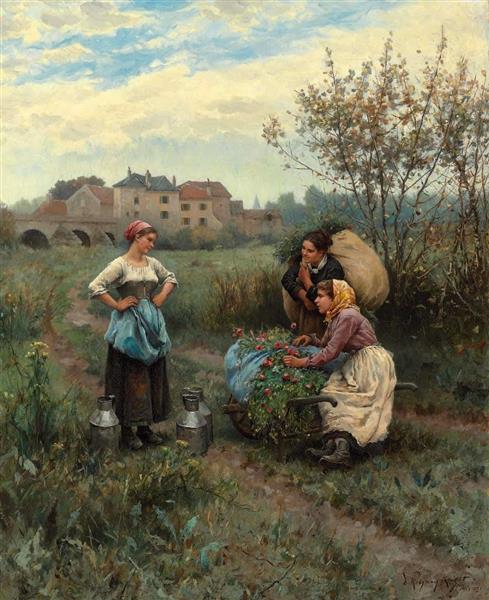 Three women in a landscape by Daniel Ridgway Knight Realism Art dated 1881