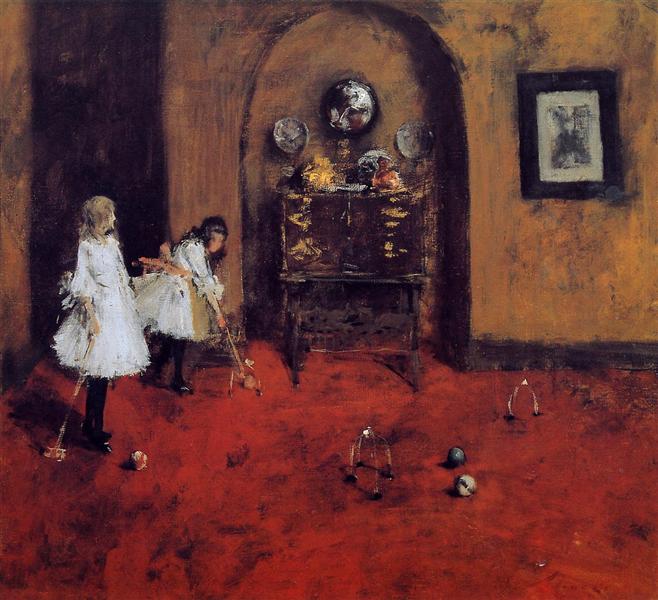 Children Playing Parlor Croquet (sketch) by William Merritt Chase Impressionism Art dated 1888