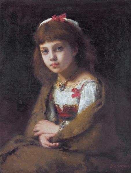 Young girl with a pearl necklace by Alexei Harlamoff Naturalism Art dated 1881