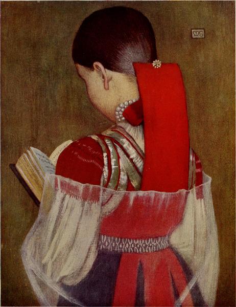 YOUNG GIRL OF ZSDJAR IN SUNDAYCLOTHES by Marianne Stokes Art Nouveau (Modern) Art dated 1909