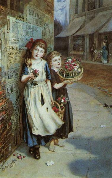 Little Flower Sellers by Augustus Edwin Mulready Naturalism Art dated 1887