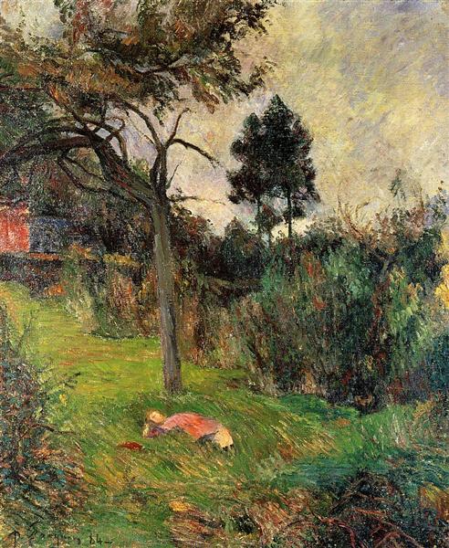 Young woman lying in a grass by Paul Gauguin Impressionism Art dated 1884