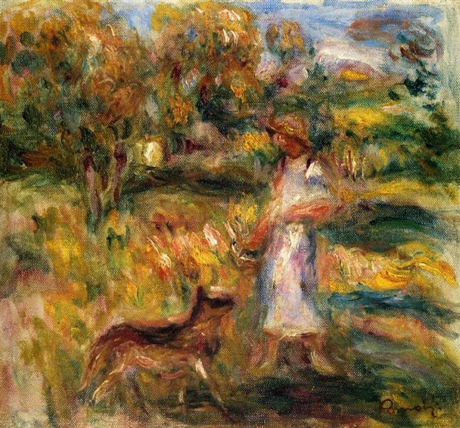 Woman in Blue and Zaza in a Landscape by Pierre-Auguste Renoir Impressionism Art dated 1919