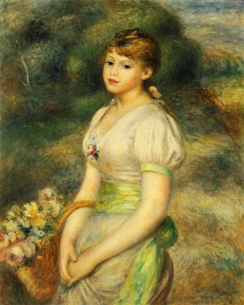 Young Girl with a Basket of Flowers by Pierre-Auguste Renoir Impressionism Art dated 1888