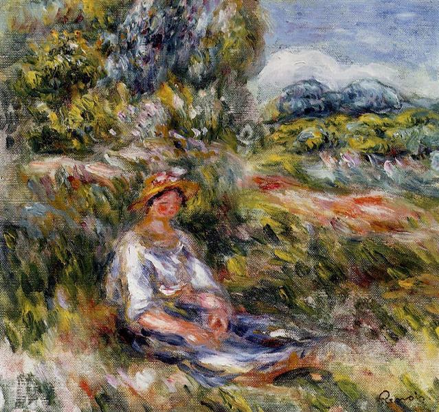 Young Girl Seated in a Meadow by Pierre-Auguste Renoir Impressionism Art dated 1916