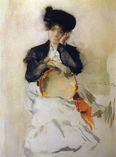 Girl with Tambourine by William Merritt Chase Impressionism Art dated 1886