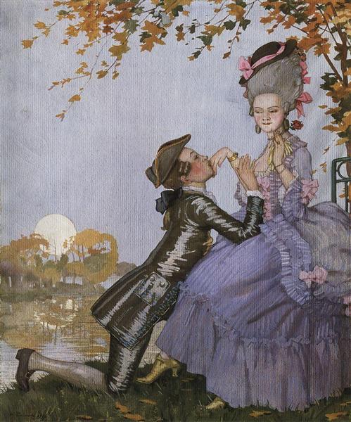 A Youth on His Knees in Front of a Lady by Konstantin Somov Symbolism Art dated 1916