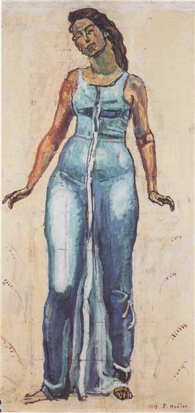 Standing female figure in a blue dress by Ferdinand Hodler Art Nouveau (Modern) Art dated 1915