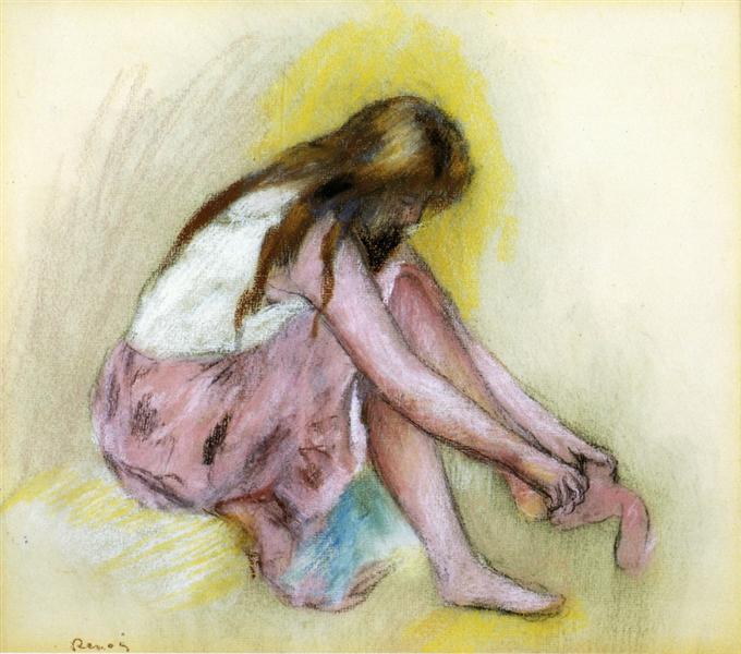 Young Girl Slipping on Her Stockings by Pierre-Auguste Renoir Impressionism Art dated 1895