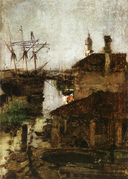 Ship and Dock, Venice by John Henry Twachtman Impressionism Art dated 1878