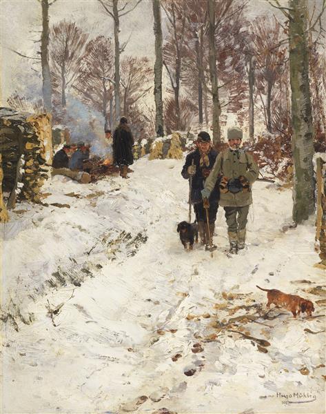 Hunting break by Hugo M&#252;hlig Impressionism Art dated 1902