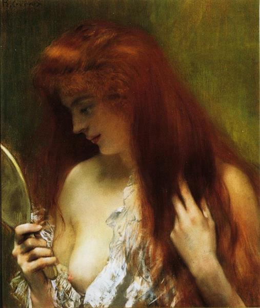 Young Red Head Gooming Herself by Henri Gervex Impressionism Art