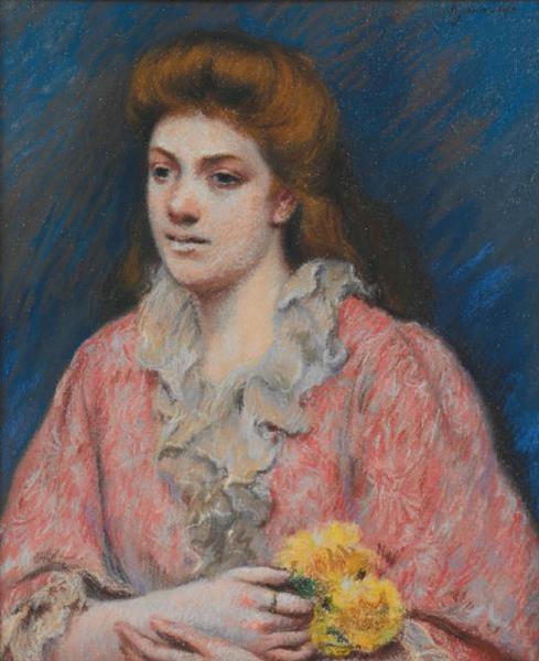 A woman in a house dress holding flowers by Federico Zandomeneghi Impressionism Art dated 1905