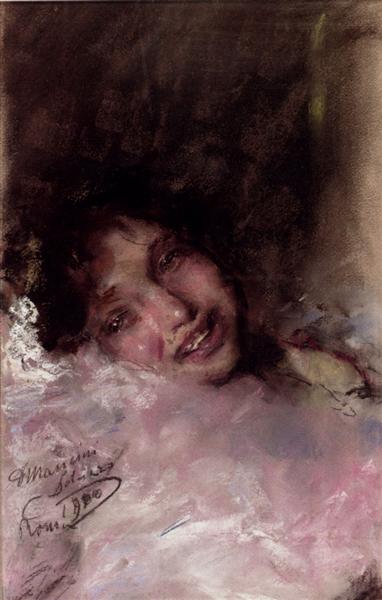 A young girl smiling by Antonio Mancini Verism Art dated 1900