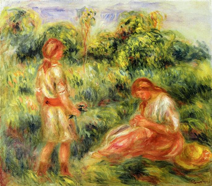 Two Young Women in a Landscape by Pierre-Auguste Renoir Impressionism Art dated 1916