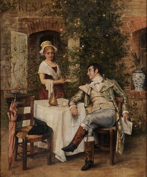 Gentleman Taking Tea in a Courtyard by Maurice Poirson Realism Art dated 1872