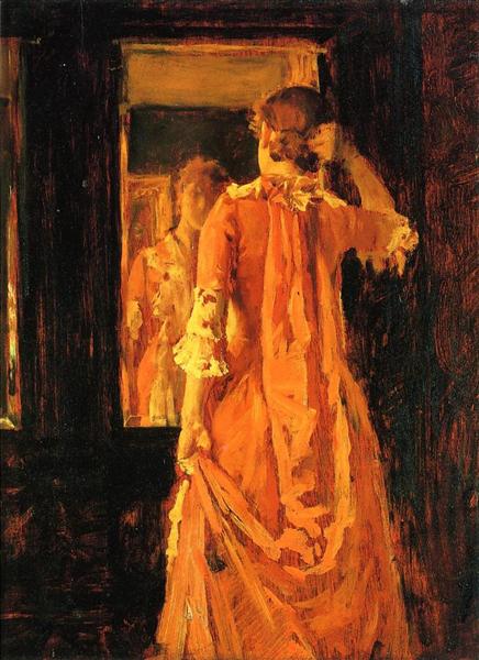 Young Woman Before a Mirror by William Merritt Chase Impressionism Art dated 1887