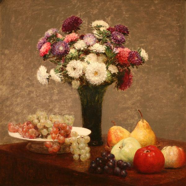 Asters and Fruit on a Table by Henri Fantin-Latour Realism Art dated 1868