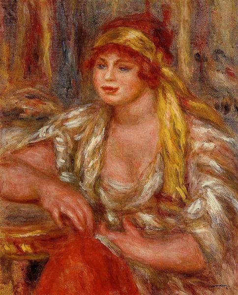 Andree in Yellow Turban and Blue Skirt by Pierre-Auguste Renoir Impressionism Art dated 1917