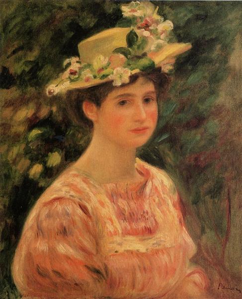 Young Woman Wearing a Hat with Wild Roses by Pierre-Auguste Renoir Impressionism Art dated 1896