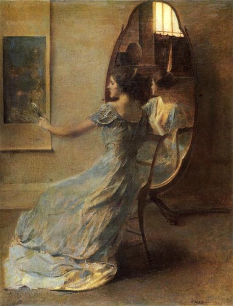 Before the Mirror by Thomas Dewing Tonalism Art dated 1910