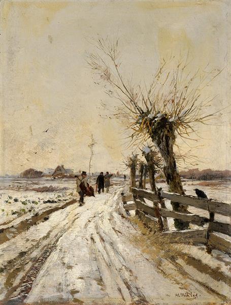 Winter village street with musicians by Hugo M&#252;hlig Impressionism Art