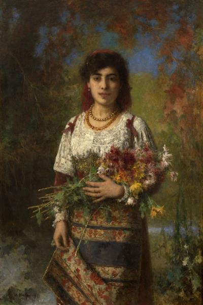 Woman in ciociaro costume with flowers by Alexei Harlamoff Realism Art dated 1907