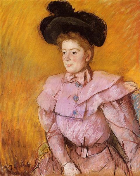 Woman in a Black Hat and a Raspberry Pink Costume by Mary Cassatt Impressionism Art dated 1900