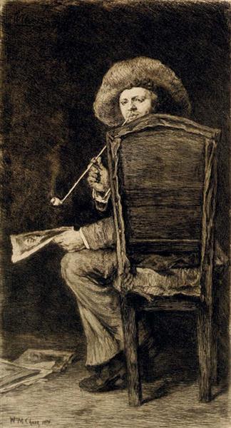 A Seated Gentleman Smoking a Pipe by William Merritt Chase Realism Art dated 1875