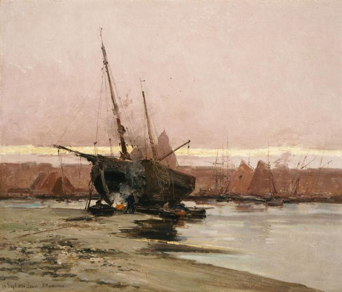 Boat at the beach by Ioannis Altamouras Impressionism Art dated 1874