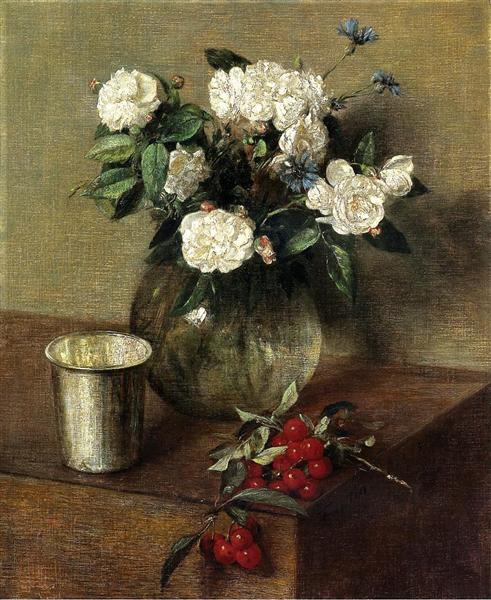 White Roses and Cherries by Henri Fantin-Latour Realism Art dated 1865