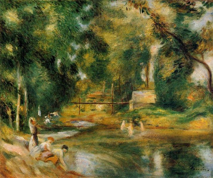 Essoyes Landscape Washerwoman and Bathers by Pierre-Auguste Renoir Impressionism Art dated 1900