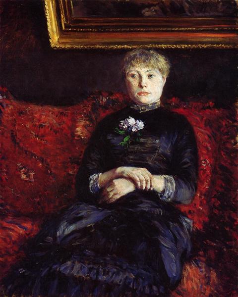 Woman Sitting on a Red Flowered Sofa by Gustave Caillebotte Impressionism Art dated 1880