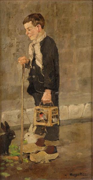 Boy With Two Rabbits And Birdcage by Hugo M&#252;hlig Impressionism Art