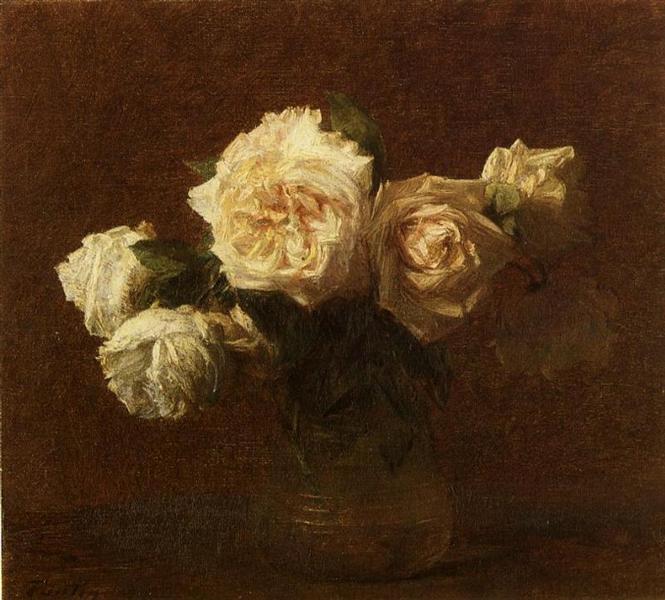 Yellow Pink Roses in a Glass Vase by Henri Fantin-Latour Realism Art dated 1903