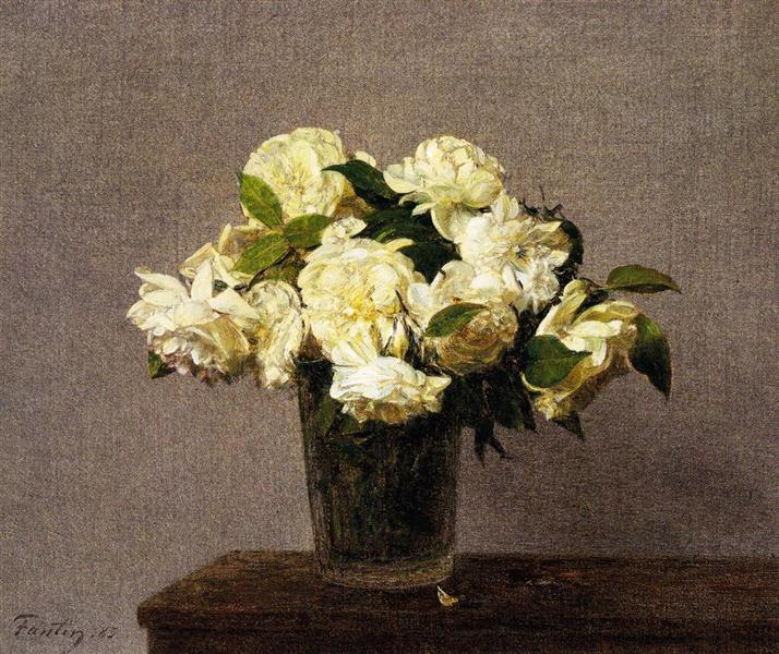 White Roses in a Vase by Henri Fantin-Latour Realism Art dated 1885