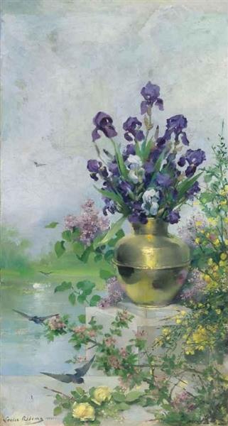 A Vase of Irises on the Terrace by Louise Abb&#233;ma dated 1885