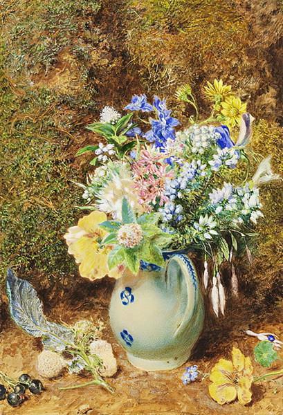 Pale blue china jug with heaths and small flowers by William Henry Hunt Naturalism Art dated 1860