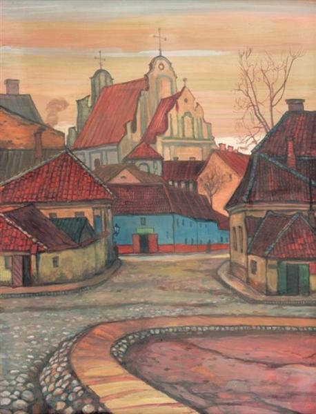 Roadway in Vilnius by Mstislav Dobuzhinsky Art Nouveau (Modern) Art dated 1910