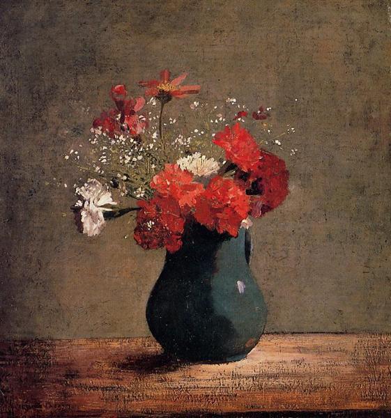 Carnations and baby&#39;s breath in a green pitcher by Odilon Redon Realism Art