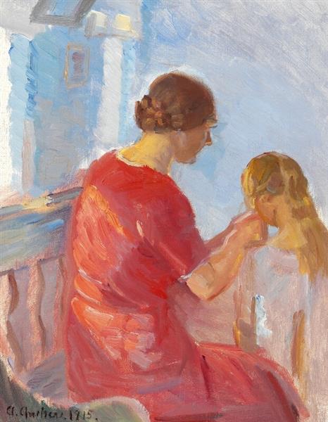 A Mother Plaiting Her Daughters Hair by Anna Ancher dated 1915