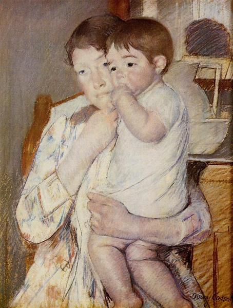 Baby in His Mother`s arms, sucking his finger by Mary Cassatt Impressionism Art dated 1889