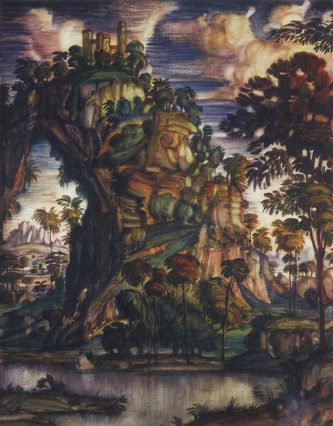 Landscape with castle by Konstantin Bogaevsky Symbolism Art dated 1912