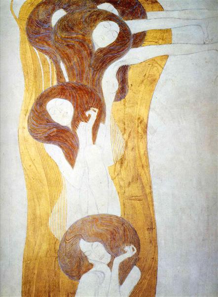 The Beethoven Frieze: The Longing for Happiness Finds Repose in Poetry. Right wall, detail by Gustav Klimt Art Nouveau (Modern) Art dated 1902