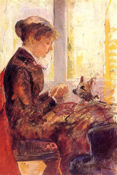 Woman by a Window Feeding Her Dog by Mary Cassatt Impressionism Art dated 1880