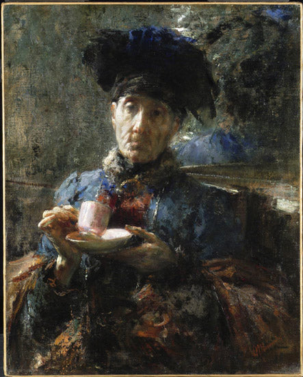 Old woman drinking tea by Antonio Mancini Verism Art dated 1907